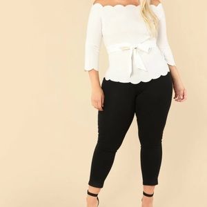 Plus Self Tie Scallop Off Shoulder Top